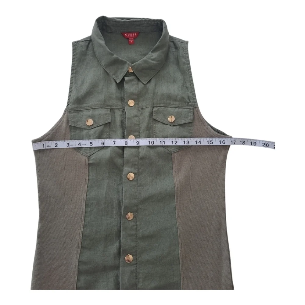 GUESS linen khaki sleeveless mini dress snap closure tunic - Picture 13 of 13